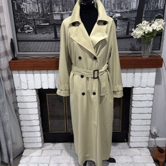 AVEC LES FILLES Women Trench Coat Long Maxi Khaki Tan Green Large Belted - Picture 3 of 16